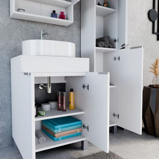 HD Paris Matt White 60 komplett fürdőszoba bútor álló mosdószekrénnyel, szálcsiszolt króm elemekkel, matt fehér mosdópulttal és tükrös szekrénnyel