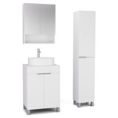   HD Paris Matt White 60 komplett fürdőszoba bútor szett álló mosdószekrénnyel, szálcsiszolt króm elemekkel, matt fehér mosdópulttal, tükrös szekrénnyel és magasszekrénnyel