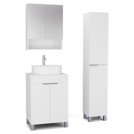 HD Paris Matt White 60 komplett fürdőszoba bútor szett álló mosdószekrénnyel, szálcsiszolt króm elemekkel, matt fehér mosdópulttal, tükrös szekrénnyel és magasszekrénnyel