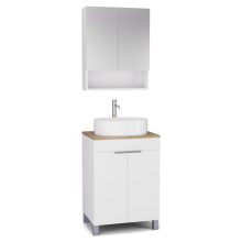 HD Paris Matt White 60 komplett fürdőszoba bútor álló mosdószekrénnyel, szálcsiszolt króm elemekkel, tölgyfa színű mosdópulttal és tükrös szekrénnyel