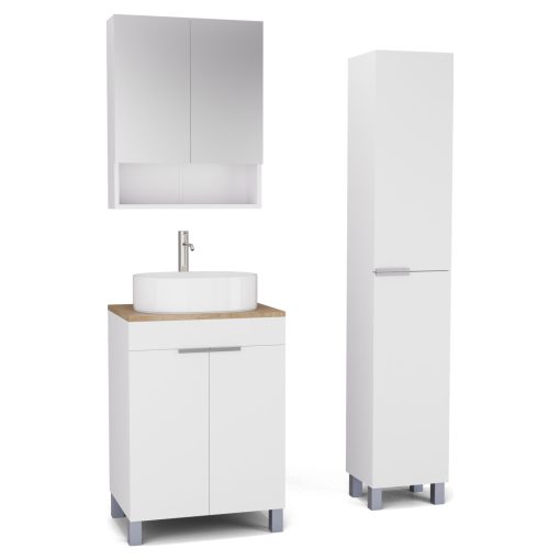 HD Paris Matt White 60 komplett fürdőszoba bútor szett álló mosdószekrénnyel, szálcsiszolt króm elemekkel, tölgyfa színű mosdópulttal, tükrös szekrénnyel és magasszekrénnyel