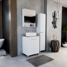 HD Paris Matt White 60 komplett fürdőszoba bútor szett álló mosdószekrénnyel, szálcsiszolt króm elemekkel, tölgyfa színű mosdópulttal, tükrös szekrénnyel és magasszekrénnyel