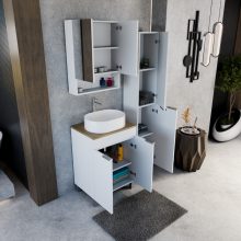 HD Paris Matt White 60 komplett fürdőszoba bútor szett álló mosdószekrénnyel, szálcsiszolt króm elemekkel, tölgyfa színű mosdópulttal, tükrös szekrénnyel és magasszekrénnyel