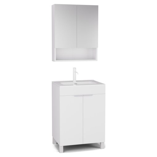 HD Paris Matt White 60 komplett fürdőszoba bútor álló mosdószekrénnyel, matt fehér elemekkel, fényes fehér slim mosdóval és tükrös szekrénnyel