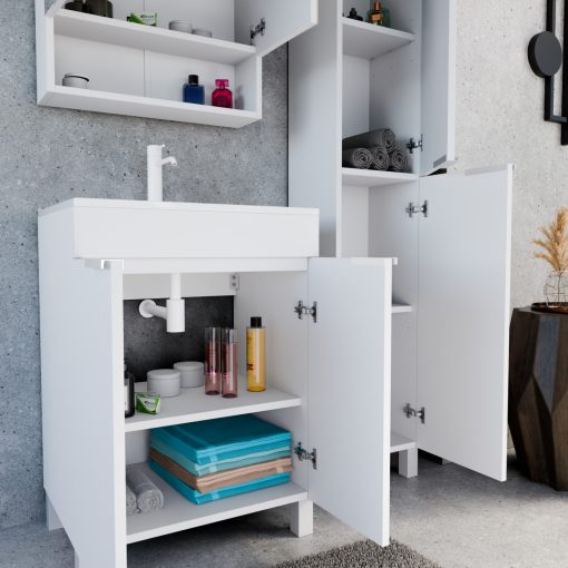 HD Paris Matt White 60 komplett fürdőszoba bútor álló mosdószekrénnyel, matt fehér elemekkel, fényes fehér slim mosdóval és tükrös szekrénnyel