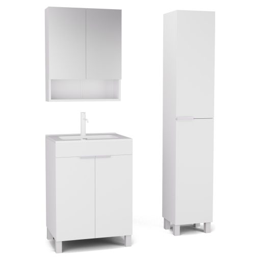 HD Paris Matt White 60 komplett fürdőszoba bútor szett álló mosdószekrénnyel, matt fehér elemekkel, fényes fehér slim mosdóval, tükrös szekrénnyel és magasszekrénnyel