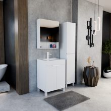 HD Paris Matt White 60 komplett fürdőszoba bútor szett álló mosdószekrénnyel, matt fehér elemekkel, fényes fehér slim mosdóval, tükrös szekrénnyel és magasszekrénnyel