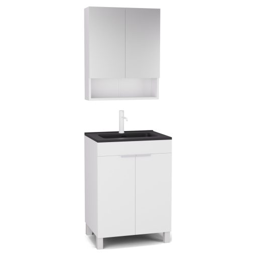 HD Paris Matt White 60 komplett fürdőszoba bútor álló mosdószekrénnyel, matt fehér elemekkel, matt fekete slim mosdóval és tükrös szekrénnyel