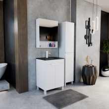 HD Paris Matt White 60 komplett fürdőszoba bútor álló mosdószekrénnyel, matt fehér elemekkel, matt fekete slim mosdóval és tükrös szekrénnyel