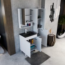 HD Paris Matt White 60 komplett fürdőszoba bútor álló mosdószekrénnyel, matt fehér elemekkel, matt fekete slim mosdóval és tükrös szekrénnyel