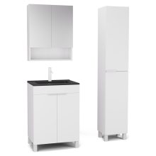 HD Paris Matt White 60 komplett fürdőszoba bútor szett álló mosdószekrénnyel, matt fehér elemekkel, matt fekete slim mosdóval, tükrös szekrénnyel és magasszekrénnyel