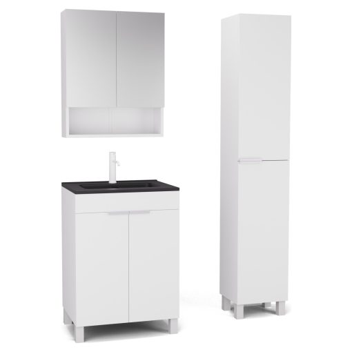 HD Paris Matt White 60 komplett fürdőszoba bútor szett álló mosdószekrénnyel, matt fehér elemekkel, matt fekete slim mosdóval, tükrös szekrénnyel és magasszekrénnyel