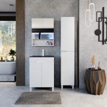 HD Paris Matt White 60 komplett fürdőszoba bútor szett álló mosdószekrénnyel, matt fehér elemekkel, matt fekete slim mosdóval, tükrös szekrénnyel és magasszekrénnyel