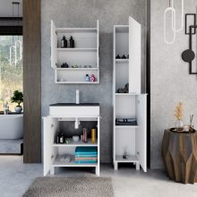 HD Paris Matt White 60 komplett fürdőszoba bútor szett álló mosdószekrénnyel, matt fehér elemekkel, matt fekete slim mosdóval, tükrös szekrénnyel és magasszekrénnyel