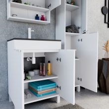 HD Paris Matt White 60 komplett fürdőszoba bútor szett álló mosdószekrénnyel, matt fehér elemekkel, matt fekete slim mosdóval, tükrös szekrénnyel és magasszekrénnyel