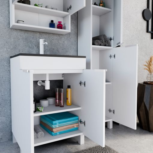 HD Paris Matt White 60 komplett fürdőszoba bútor szett álló mosdószekrénnyel, matt fehér elemekkel, matt fekete slim mosdóval, tükrös szekrénnyel és magasszekrénnyel