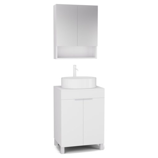 HD Paris Matt White 60 komplett fürdőszoba bútor álló mosdószekrénnyel, matt fehér elemekkel, matt fehér mosdópulttal és tükrös szekrénnyel