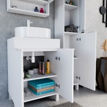 HD Paris Matt White 60 komplett fürdőszoba bútor álló mosdószekrénnyel, matt fehér elemekkel, matt fehér mosdópulttal és tükrös szekrénnyel