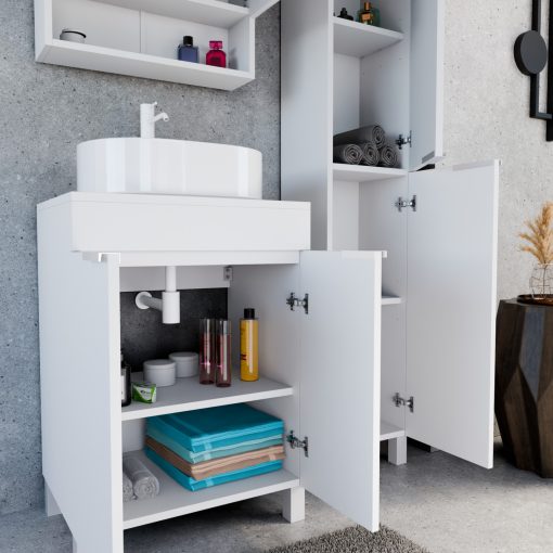 HD Paris Matt White 60 komplett fürdőszoba bútor álló mosdószekrénnyel, matt fehér elemekkel, matt fehér mosdópulttal és tükrös szekrénnyel