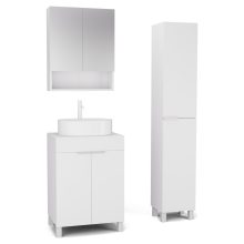 HD Paris Matt White 60 komplett fürdőszoba bútor szett álló mosdószekrénnyel, matt fehér elemekkel, matt fehér mosdópulttal, tükrös szekrénnyel és magasszekrénnyel