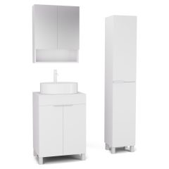   HD Paris Matt White 60 komplett fürdőszoba bútor szett álló mosdószekrénnyel, matt fehér elemekkel, matt fehér mosdópulttal, tükrös szekrénnyel és magasszekrénnyel