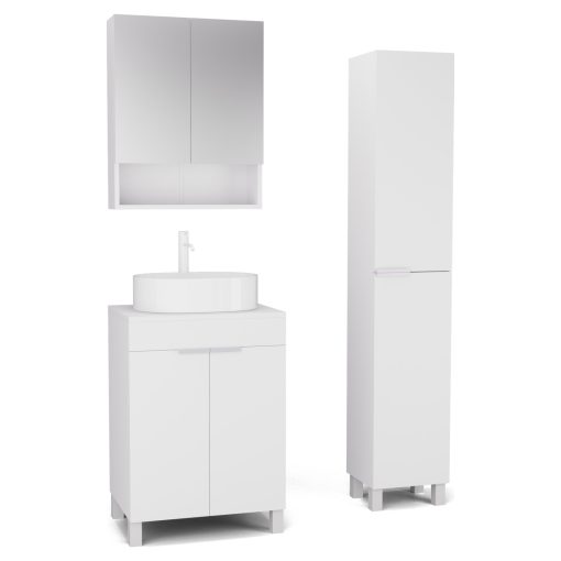 HD Paris Matt White 60 komplett fürdőszoba bútor szett álló mosdószekrénnyel, matt fehér elemekkel, matt fehér mosdópulttal, tükrös szekrénnyel és magasszekrénnyel