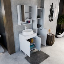 HD Paris Matt White 60 komplett fürdőszoba bútor szett álló mosdószekrénnyel, matt fehér elemekkel, matt fehér mosdópulttal, tükrös szekrénnyel és magasszekrénnyel