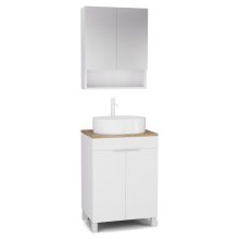 HD Paris Matt White 60 komplett fürdőszoba bútor álló mosdószekrénnyel, matt fehér elemekkel, tölgyfa színű mosdópulttal és tükrös szekrénnyel