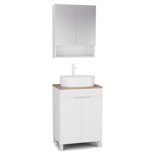 HD Paris Matt White 60 komplett fürdőszoba bútor álló mosdószekrénnyel, matt fehér elemekkel, tölgyfa színű mosdópulttal és tükrös szekrénnyel