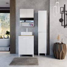 HD Paris Matt White 60 komplett fürdőszoba bútor álló mosdószekrénnyel, matt fehér elemekkel, tölgyfa színű mosdópulttal és tükrös szekrénnyel