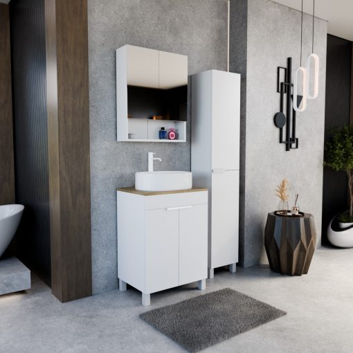 HD Paris Matt White 60 komplett fürdőszoba bútor álló mosdószekrénnyel, matt fehér elemekkel, tölgyfa színű mosdópulttal és tükrös szekrénnyel