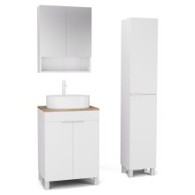 HD Paris Matt White 60 komplett fürdőszoba bútor szett álló mosdószekrénnyel, matt fehér elemekkel, tölgyfa színű mosdópulttal, tükrös szekrénnyel és magasszekrénnyel