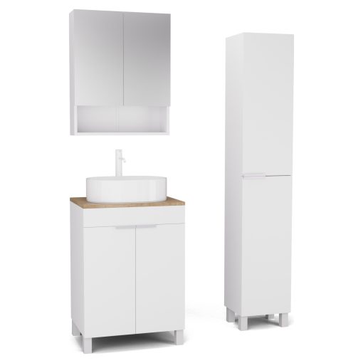 HD Paris Matt White 60 komplett fürdőszoba bútor szett álló mosdószekrénnyel, matt fehér elemekkel, tölgyfa színű mosdópulttal, tükrös szekrénnyel és magasszekrénnyel