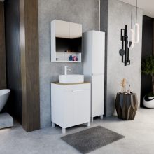 HD Paris Matt White 60 komplett fürdőszoba bútor szett álló mosdószekrénnyel, matt fehér elemekkel, tölgyfa színű mosdópulttal, tükrös szekrénnyel és magasszekrénnyel