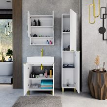 HD Paris Matt White 60 komplett fürdőszoba bútor álló mosdószekrénnyel, szálcsiszolt arany elemekkel, fényes fehér slim mosdóval és tükrös szekrénnyel