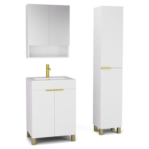 HD Paris Matt White 60 komplett fürdőszoba bútor szett álló mosdószekrénnyel, szálcsiszolt arany elemekkel, fényes fehér slim mosdóval, tükrös szekrénnyel és magasszekrénnyel