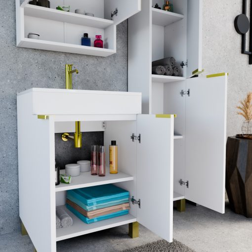 HD Paris Matt White 60 komplett fürdőszoba bútor szett álló mosdószekrénnyel, szálcsiszolt arany elemekkel, fényes fehér slim mosdóval, tükrös szekrénnyel és magasszekrénnyel