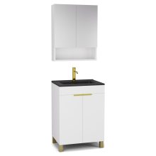 HD Paris Matt White 60 komplett fürdőszoba bútor álló mosdószekrénnyel, szálcsiszolt arany elemekkel, matt fekete slim mosdóval és tükrös szekrénnyel