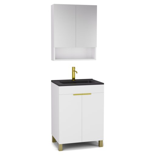 HD Paris Matt White 60 komplett fürdőszoba bútor álló mosdószekrénnyel, szálcsiszolt arany elemekkel, matt fekete slim mosdóval és tükrös szekrénnyel