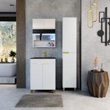 HD Paris Matt White 60 komplett fürdőszoba bútor álló mosdószekrénnyel, szálcsiszolt arany elemekkel, matt fekete slim mosdóval és tükrös szekrénnyel