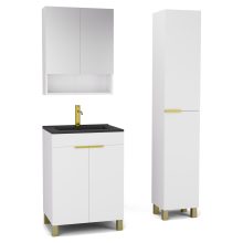 HD Paris Matt White 60 komplett fürdőszoba bútor szett álló mosdószekrénnyel, szálcsiszolt arany elemekkel, matt fekete slim mosdóval, tükrös szekrénnyel és magasszekrénnyel