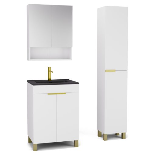 HD Paris Matt White 60 komplett fürdőszoba bútor szett álló mosdószekrénnyel, szálcsiszolt arany elemekkel, matt fekete slim mosdóval, tükrös szekrénnyel és magasszekrénnyel