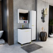 HD Paris Matt White 60 komplett fürdőszoba bútor szett álló mosdószekrénnyel, szálcsiszolt arany elemekkel, matt fekete slim mosdóval, tükrös szekrénnyel és magasszekrénnyel