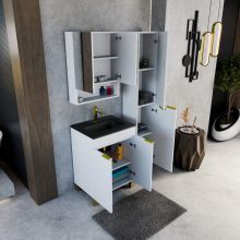 HD Paris Matt White 60 komplett fürdőszoba bútor szett álló mosdószekrénnyel, szálcsiszolt arany elemekkel, matt fekete slim mosdóval, tükrös szekrénnyel és magasszekrénnyel