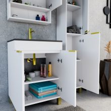 HD Paris Matt White 60 komplett fürdőszoba bútor szett álló mosdószekrénnyel, szálcsiszolt arany elemekkel, matt fekete slim mosdóval, tükrös szekrénnyel és magasszekrénnyel