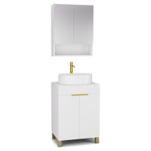 HD Paris Matt White 60 komplett fürdőszoba bútor álló mosdószekrénnyel, szálcsiszolt arany elemekkel, matt fehér mosdópulttal és tükrös szekrénnyel