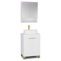   HD Paris Matt White 60 komplett fürdőszoba bútor álló mosdószekrénnyel, szálcsiszolt arany elemekkel, matt fehér mosdópulttal és tükrös szekrénnyel