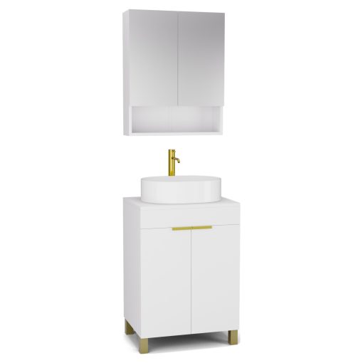 HD Paris Matt White 60 komplett fürdőszoba bútor álló mosdószekrénnyel, szálcsiszolt arany elemekkel, matt fehér mosdópulttal és tükrös szekrénnyel