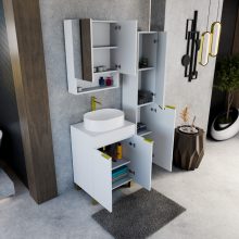 HD Paris Matt White 60 komplett fürdőszoba bútor álló mosdószekrénnyel, szálcsiszolt arany elemekkel, matt fehér mosdópulttal és tükrös szekrénnyel