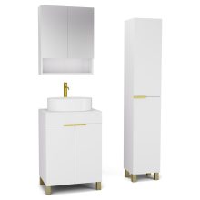 HD Paris Matt White 60 komplett fürdőszoba bútor szett álló mosdószekrénnyel, szálcsiszolt arany elemekkel, matt fehér mosdópulttal, tükrös szekrénnyel és magasszekrénnyel